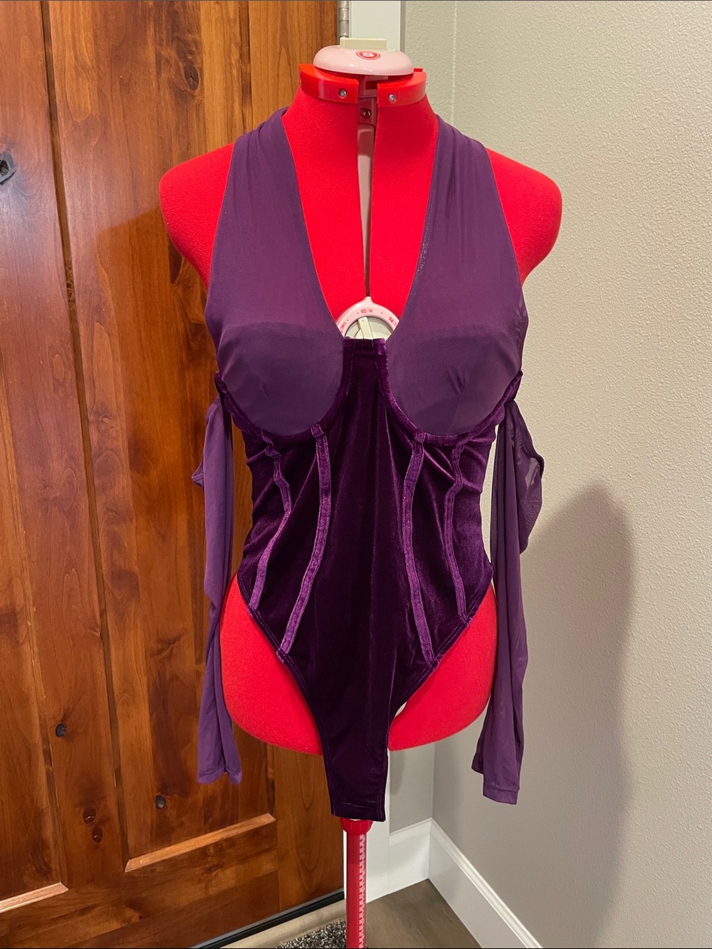 Plunge Velvet Halter Bodysuit in Deep Purple